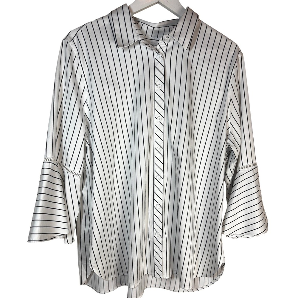 Chicos Striped Bell Sleeve Button Down Shirt White Black Size 3 US 16 3/4 Sleeve